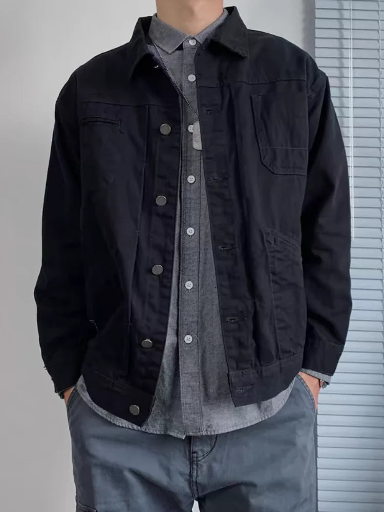 Vintage Men's Denim Jackets Spring Casual Solid Single Breasted Pocket Top Chic Loose Patchwork Oversize Cargo Jackets New