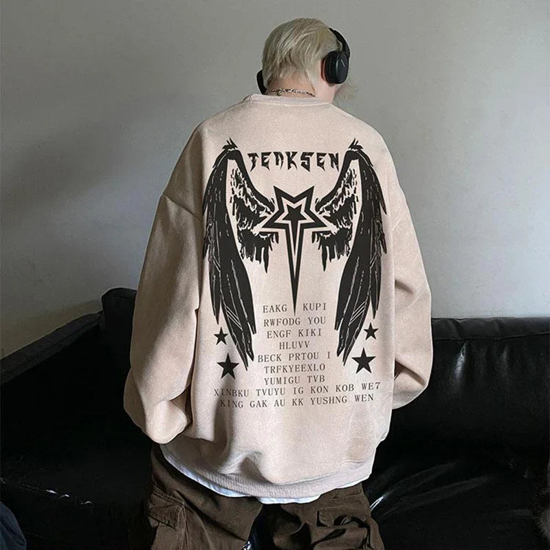 saferido High Street Men Sweatshirt Angel Wing Graphic Printed Gothic Style Pullover Sweatshirts Oversize Baggy Hip Hop Round Neck Hoodie