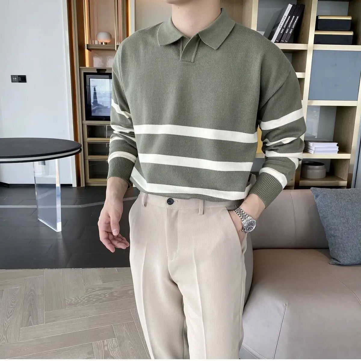 Autumn Korean Style Contrast Striped Sweater Men's Lapel Button Casual Vintage Sweater Pullovers Long-sleeved Men's Sweater
