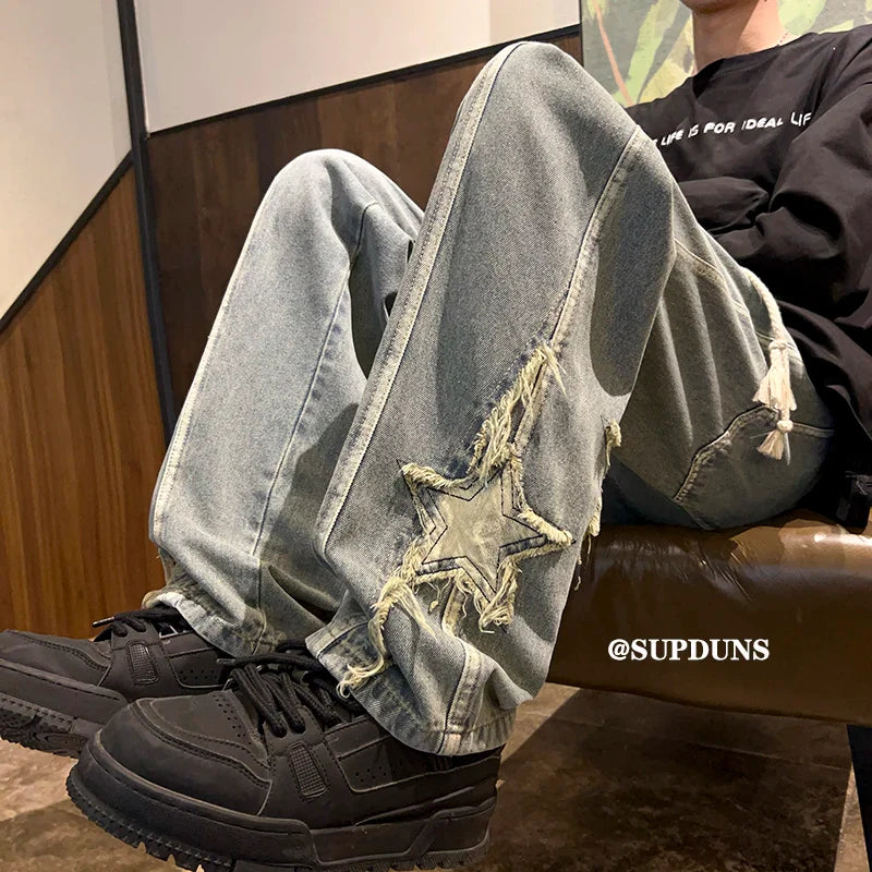 saferido Men's Casual Jeans Vintage Street Style Straight Leg Jeans Star Patch Denim Pants 2024 Korean High-street Versatile Jean