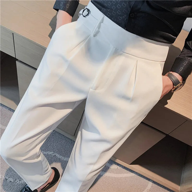 saferido Men Spring Stylecasual Nine Cent Trousers/Male Slim Fit High-grade Pure Cotton Stripe Suit Pants Black Gray