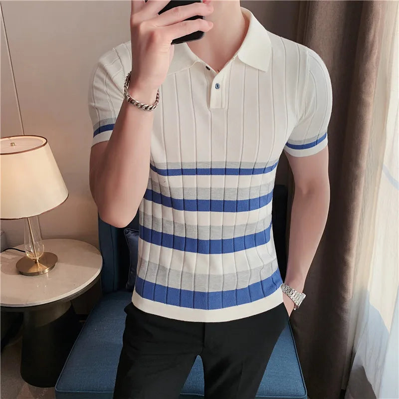 saferido British Style Men's Fashion Lce Silk Stripe Knitting POLO Shirts/Male Slim Fit Short Sleeve Leisure POLO Shirts S-3XL