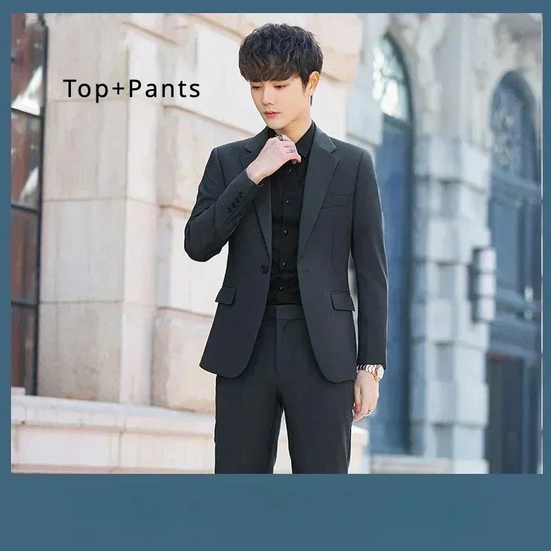 S-6XL Men's Business Casual Suit Korean Style Trendy Slim Fit 2 Piece Set Solid Color (Blazer+ Pants )Groom Wedding Dress Party