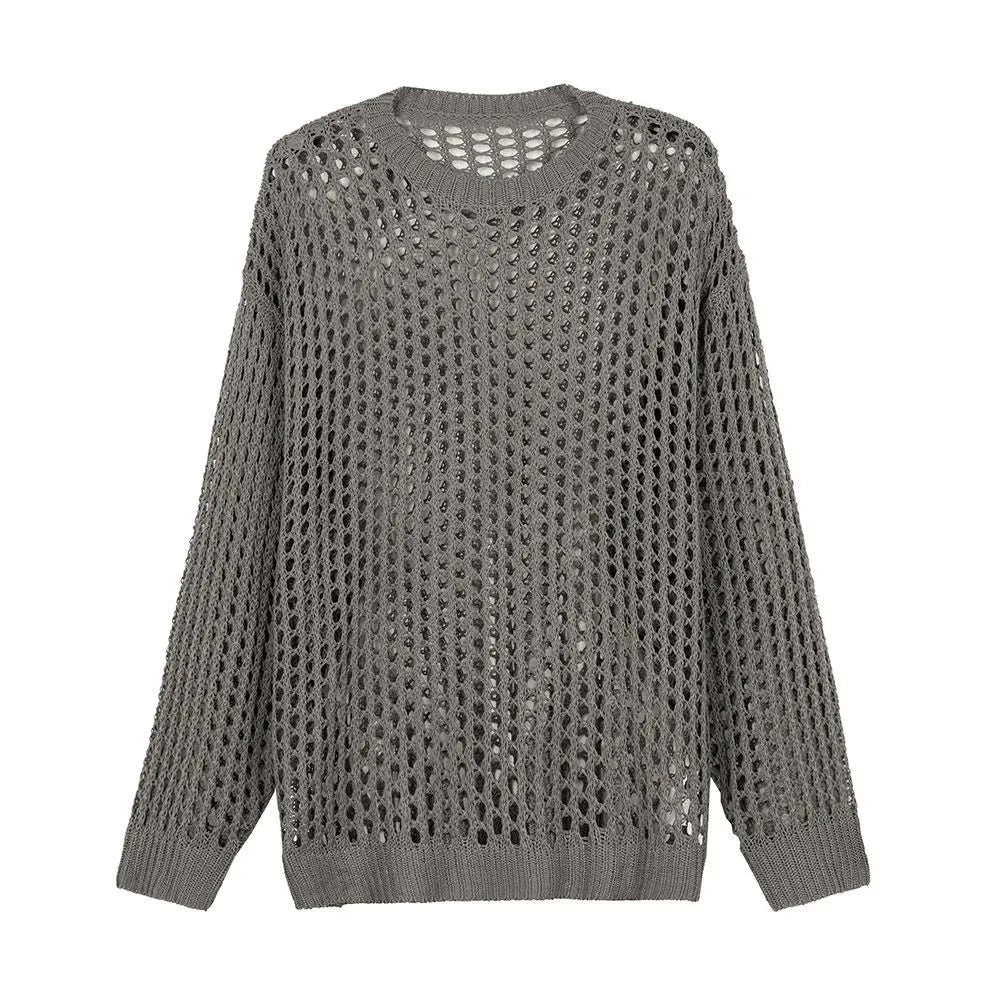 Mens Y2k Hollow Out Outfits See-Through Knit Shirts New Summer Fashion All-Match Casual Geometric Vintage Loose Smock Tops