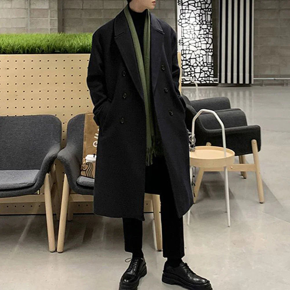 saferido Mens Double-Breasted Mid-Length Coat Autumn Winter Genderless Korean Style Fashion Commuter Thickened Elegant Retro Coat Unisex