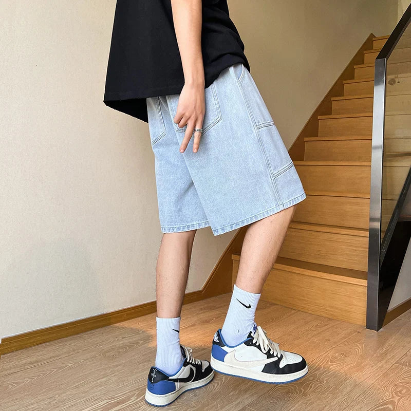 saferido Summer New High Street Casual Versatile Denim Capris Elastic Waist Men's Korean Style Loose Wide Leg Large Pocket Shorts