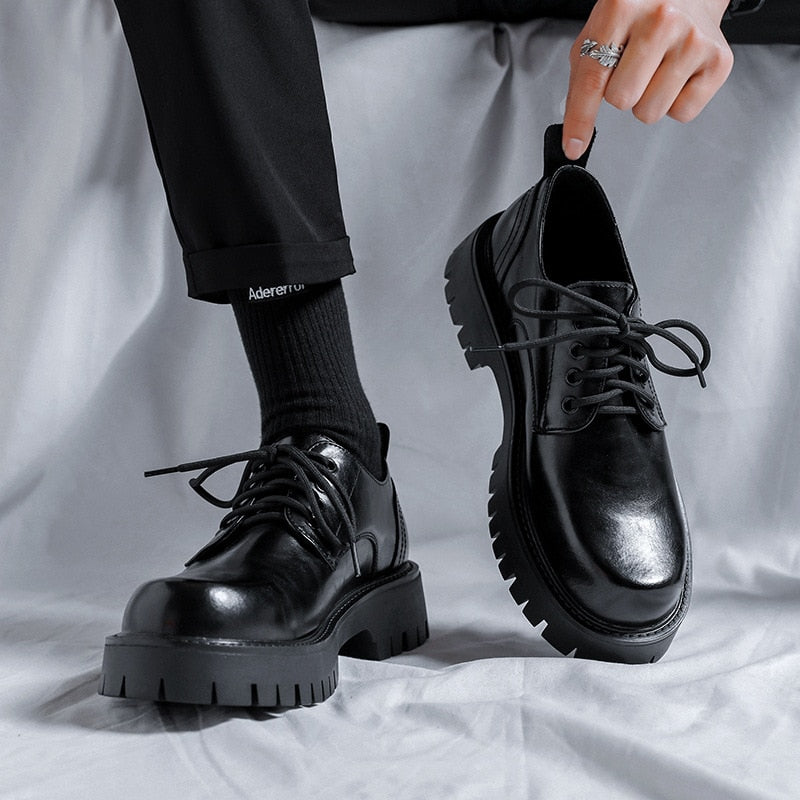saferido Men Platform Leather Casual Shoes Black White Vintage Male Lace Up Dress Shoes Business Oxfords Fashion Wedding Flats