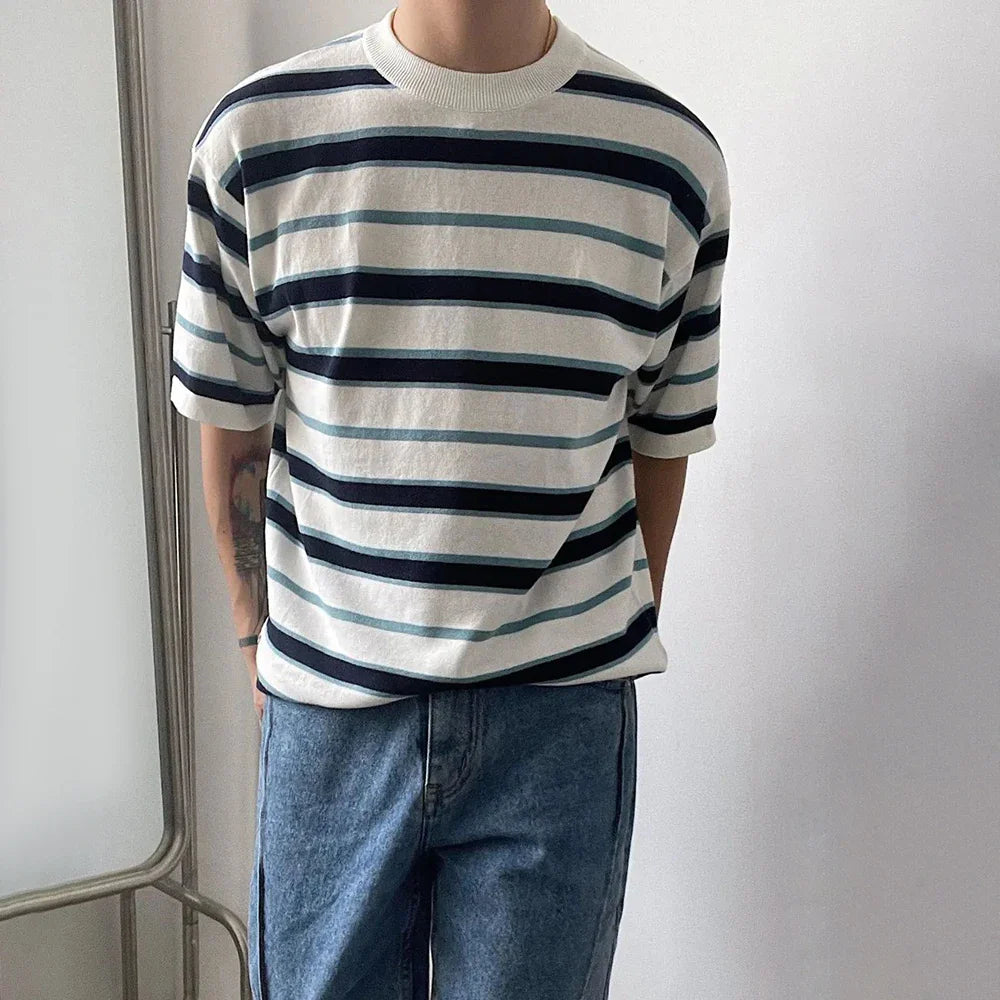 saferido Mens Japanese Striped Casual Knitted Short-Sleeved T-Shirt Genderless Fashion Personalized Versatile Retro Loose T-Shirt Unisex
