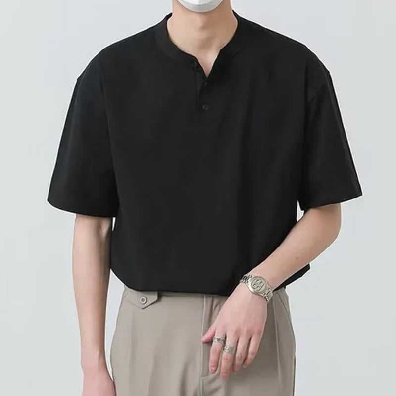 Men's Clothing Luxury Henry Collar T-Shirt Vintage Casual Button-down Solid Color Short Sleeve Tees for Men Breathable Leisure