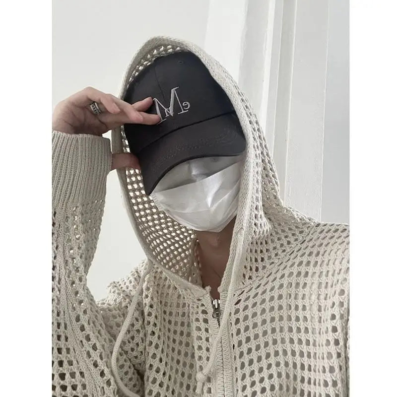 Autumn Niche Hollow Knitted Sweater Men Cardigan Hooded Zipper Long-sleeved Korean Style Trendy Design Sweater Men Cardigan Coat