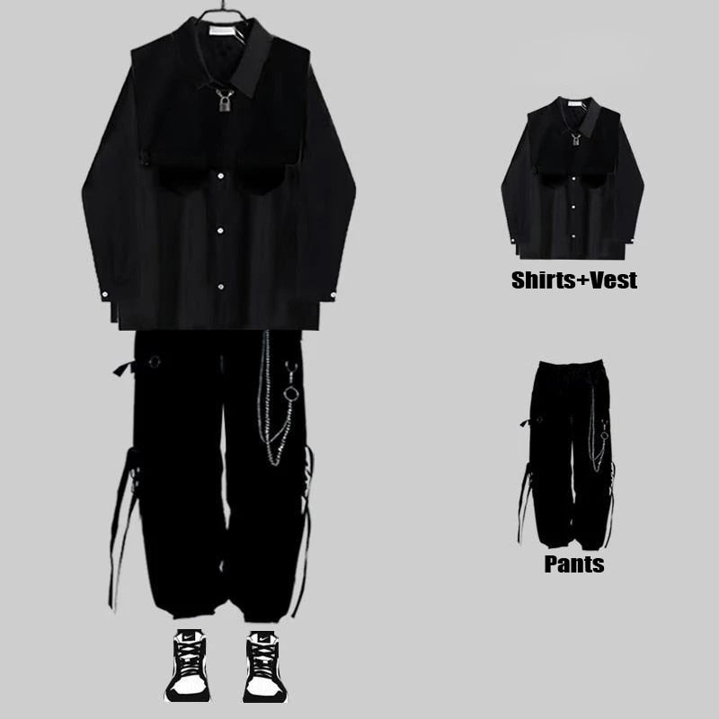 Men's Sets Black Cargo Pants Men's Shirt Kit Long Sleeve Shirts Korean Streetwear Hip Hop Harajuku Spring