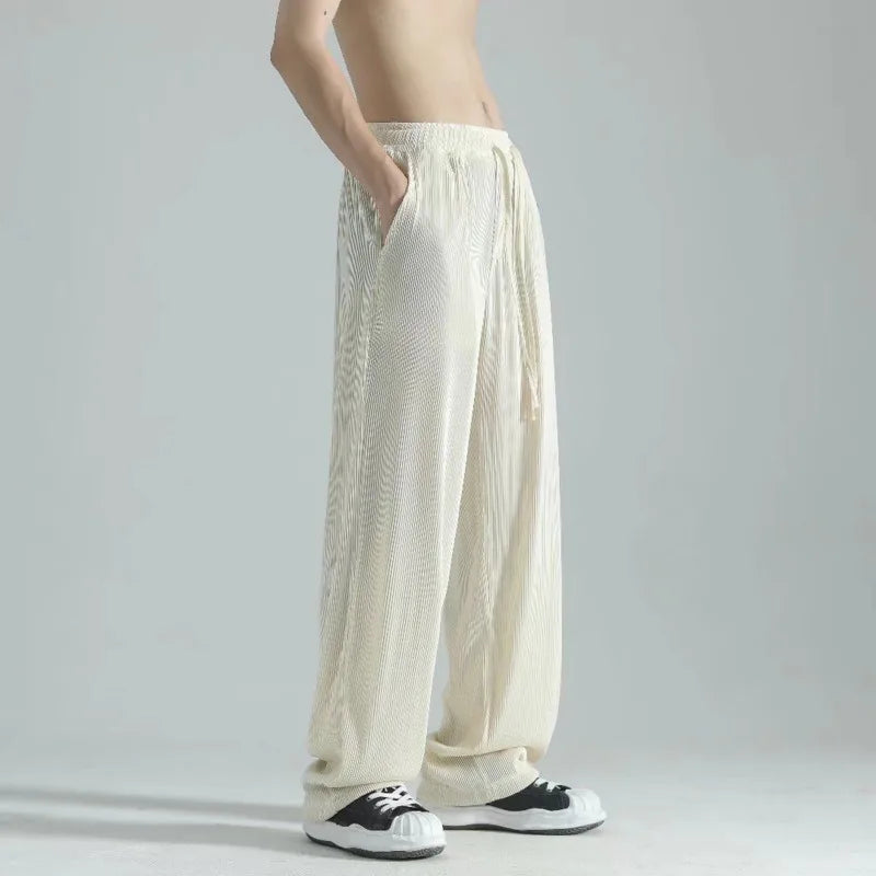 saferido Summer Pleated Pants Men Fashion Oversized Casual Ice Silk Pants Mens Japanese Streetwear Loose Straight Pants Mens Trousers