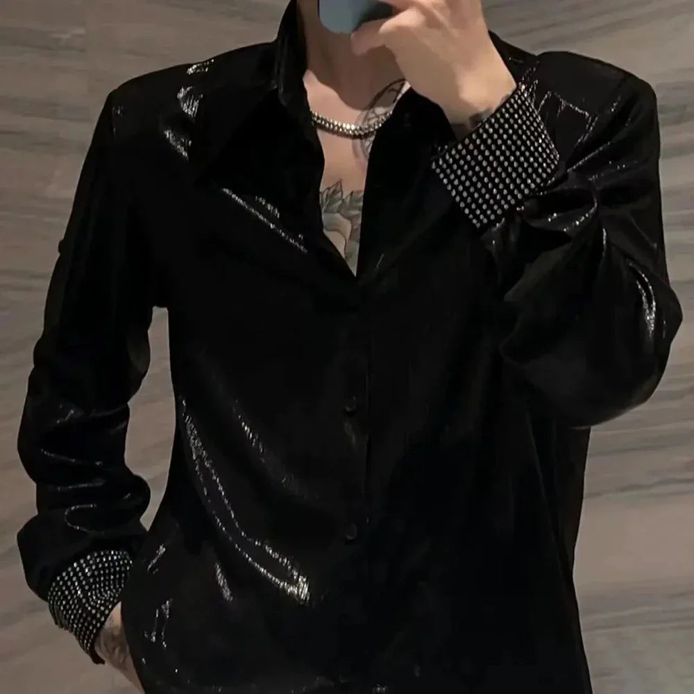 saferido Mens Nightclub Shiny Personalized Non-Diamond Shirt Autumn Winter Genderless Korean Style Fashion Versatile Long-Sleeve Shirt