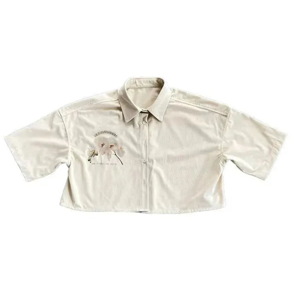 saferido Mens Y2k Floral Navel-Baring Graffiti Shirt 2024 Spring Summer New Genderless Fashion Streetwear Short-Sleeve Shirt Unisex