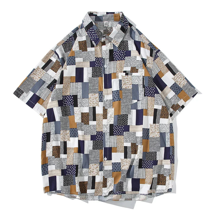 saferido Korean Mens Vintage Short Sleeve Dress Shirt Trend Couple Hawaiian Loose Print Blouses Shirts 2024 Summer Designer Men Clothing