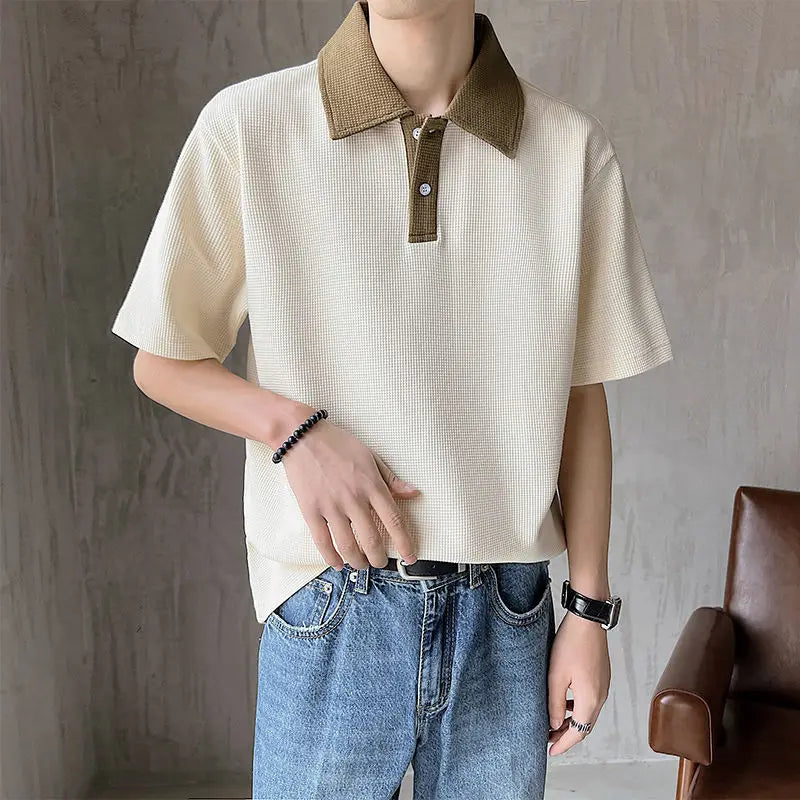 New High-end Korean Fashion Polo Shirts for Men Patchwork Waffle Lapel Buttons Short Sleeve T-shirt Men Summer Loose Polo Shirt