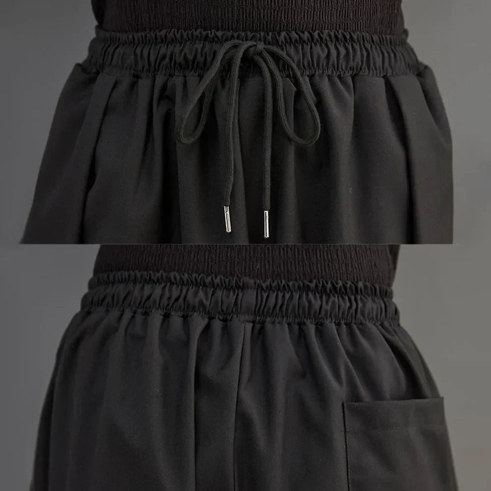 saferido Gothic Style Japanese Casual Large Pocket Culottes Fashion Loose Daily Versatile Elastic Waist Wide Leg Pants Unisex 2024 New