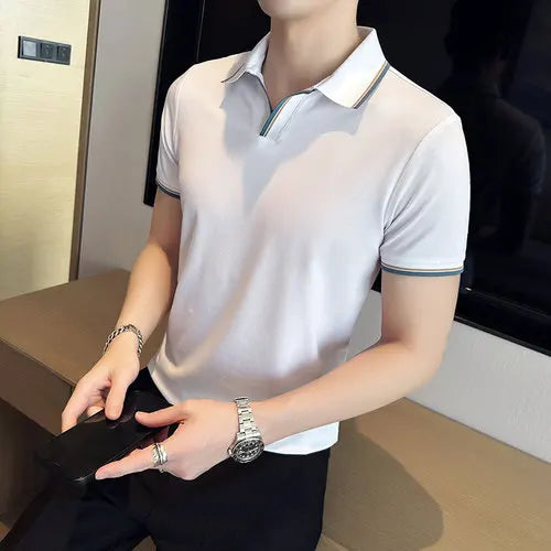 saferido Summer New Style Men's Casual Slim Fit Short Sleeve Solid Color POLO Shirt British Slim Lapel Color Blue T-shirt Polo S-4XL