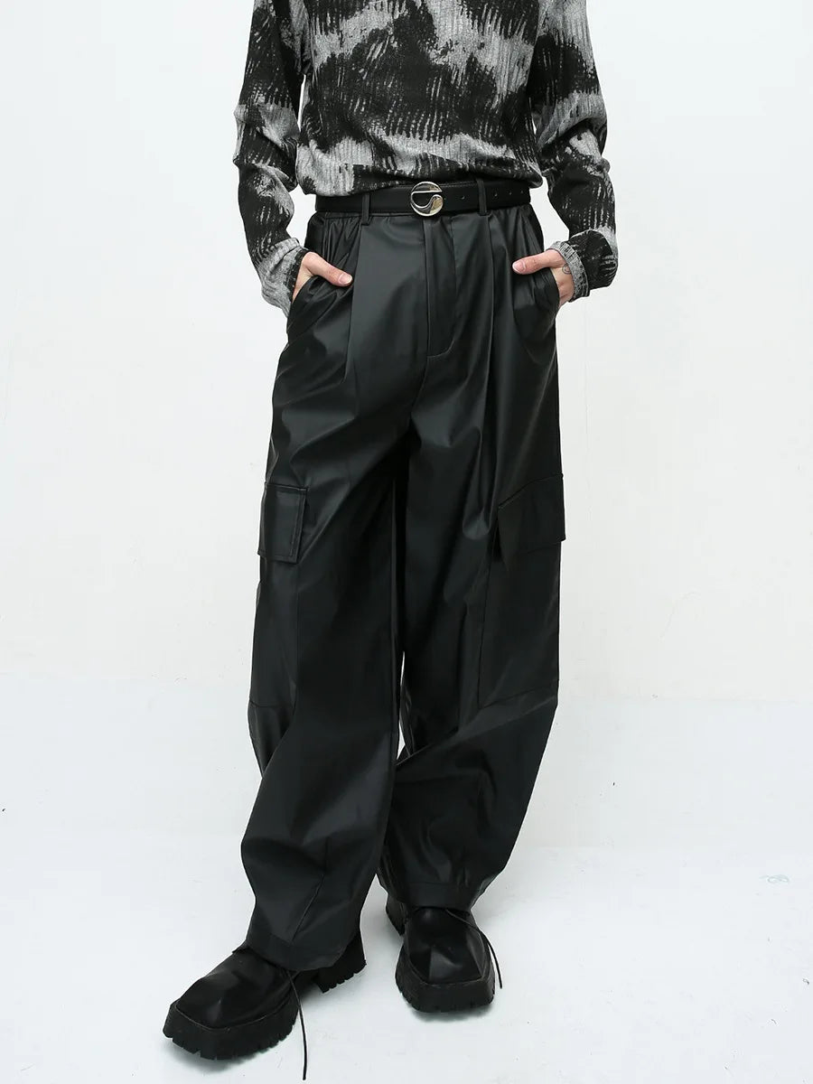 saferido Autumn American style pleated design drape floor mopping niche casual PU leather pants men's trendy pants pantalon homme cuir