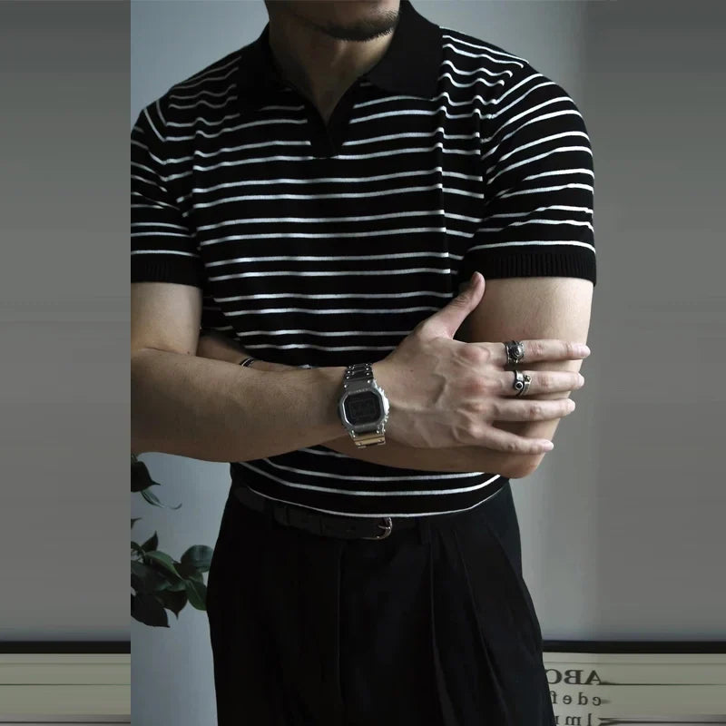 Vintage Striped Knit Polo Shirts Men Short Sleeve Casual Tops Spring Summer Mens Fashion Buttoned Turn-down Collar Slim T Shirt