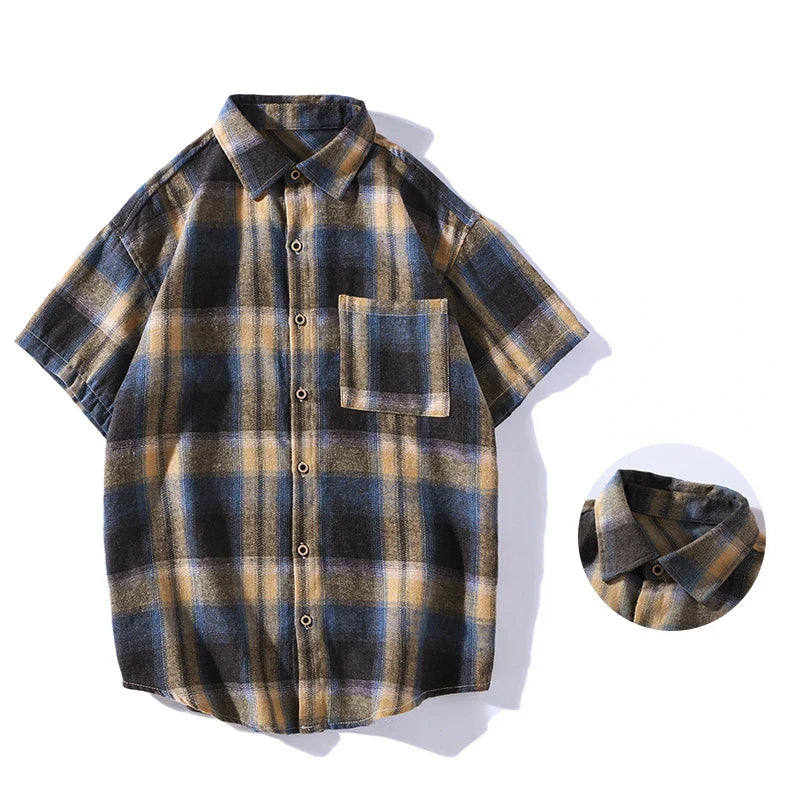 saferido Korean Style Plaid Shirts For Men Short Sleeve Fashion Turn-down Collar Blouses Hip Hop Male Clothing