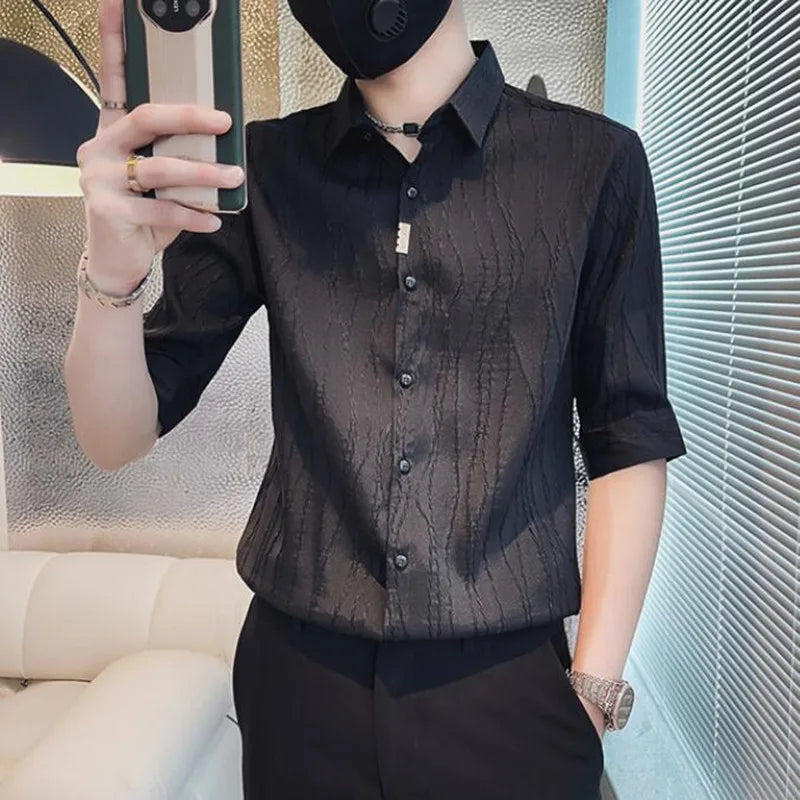 saferido Spring Casual Shirt Men Half Sleeve Slim Fit Business Formal Dress Shirts Social Party Nightclub Stripe Tuxedo Men Clothing 3XL