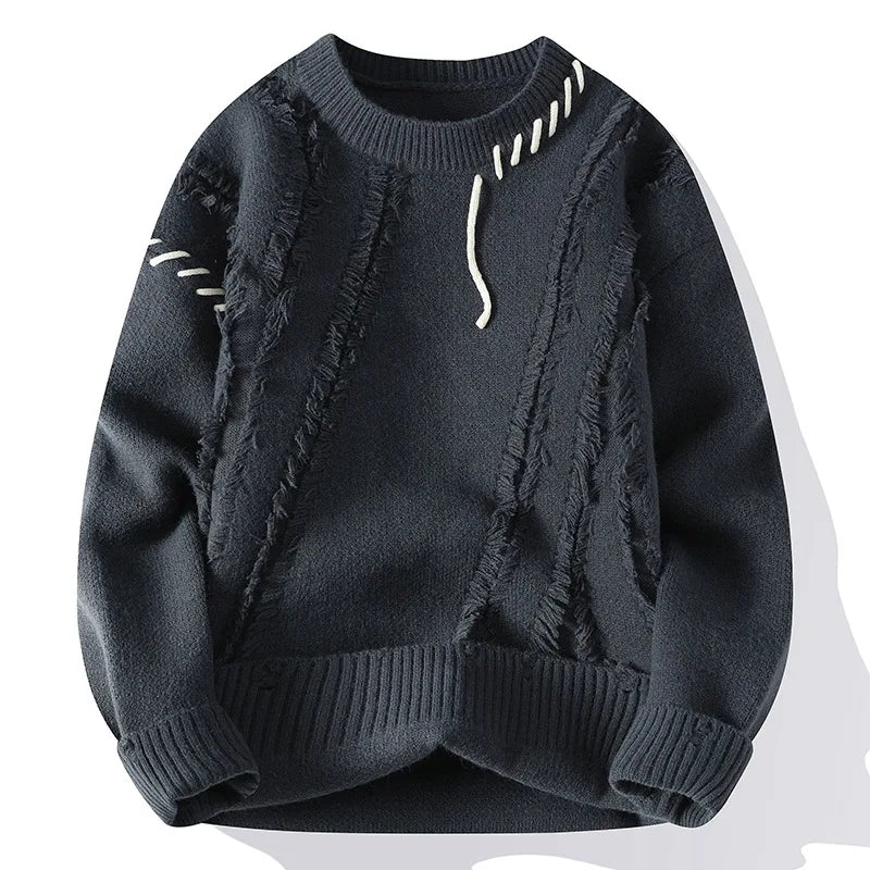 Man Panelled O-neck Jumper Autumn Winter Korean Simple Casual Streetwear Warm Knitted Ribbed Sweater Male Fashion Pullover