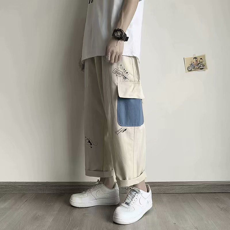 Khaki Cargo Pants with Print Baggy Loose Casual Trousers Male Summer Cotton Korean Streetweer Harajuku Cartoons Graffiti