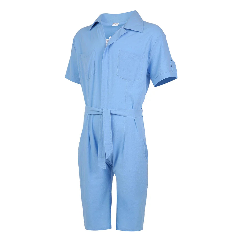 saferido Mens Sports Strap Casual Short-Sleeve Jumpsuit 2024 New Spring Summer Genderless Home Simple Solid Color Loose Jumpsuit Unisex