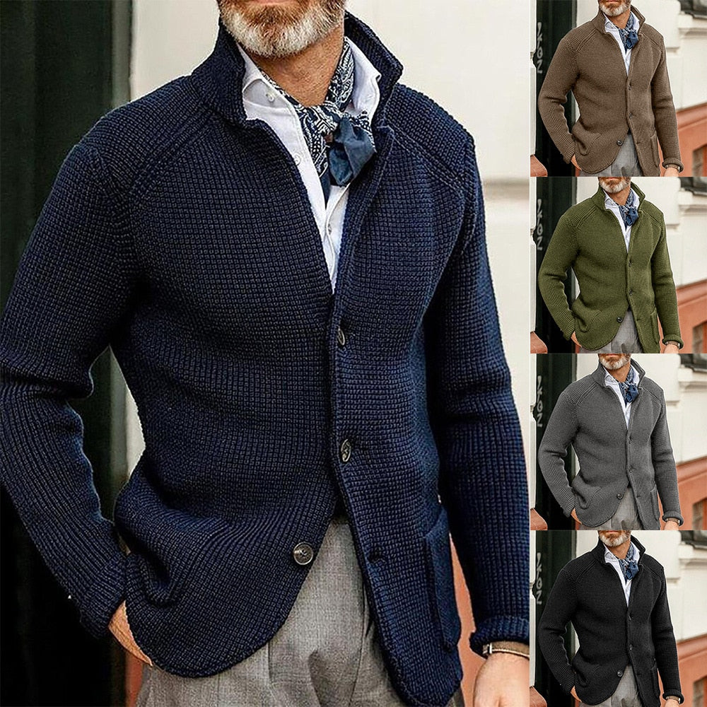 Knitted Mens Cardigan High Quality Button Mock Neck Sweater for Men Winter Fashion Suit Standing Collar Slimming Cardigans Men