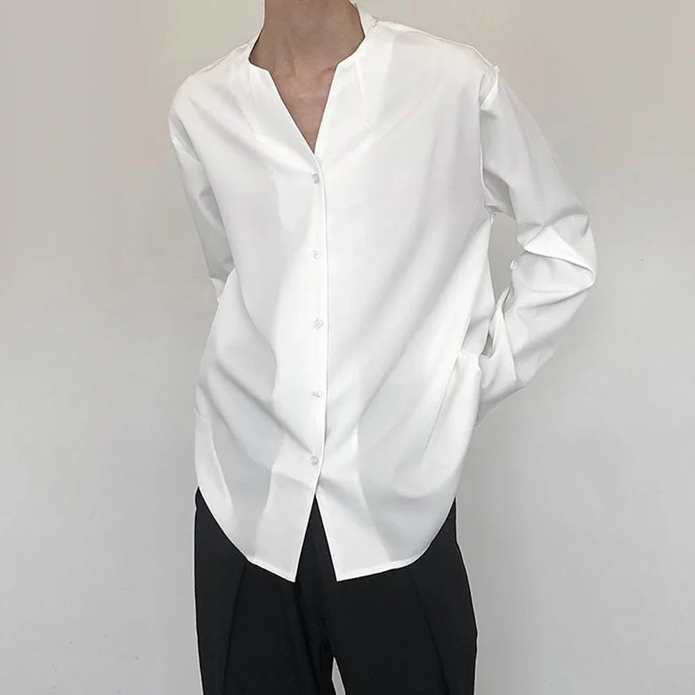 saferido Mens Casual V-Neck Long-Sleeved Shirts Genderless 2024 Spring Summer New Fashion Solid Color Versatile Youth Trend Tops Unisex