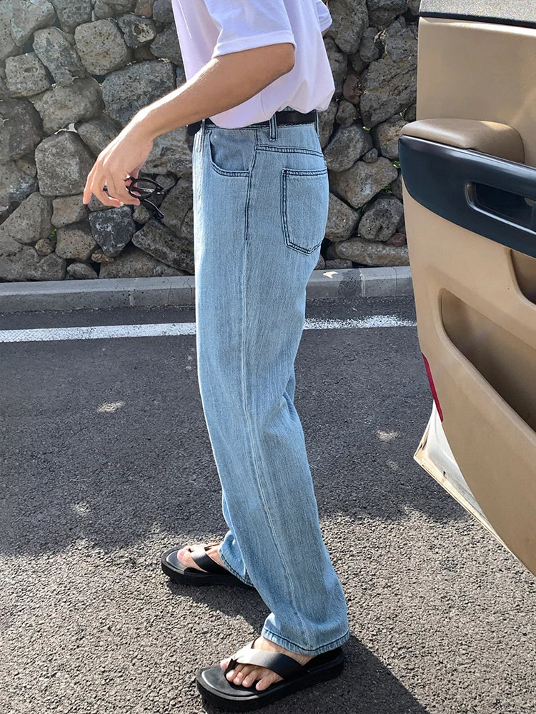 saferido Men's Straight Leg Denim Pants 2024 Summer New Korean Retro Fashion Loose Casual Male Mid-length Jeans Elastic Waist