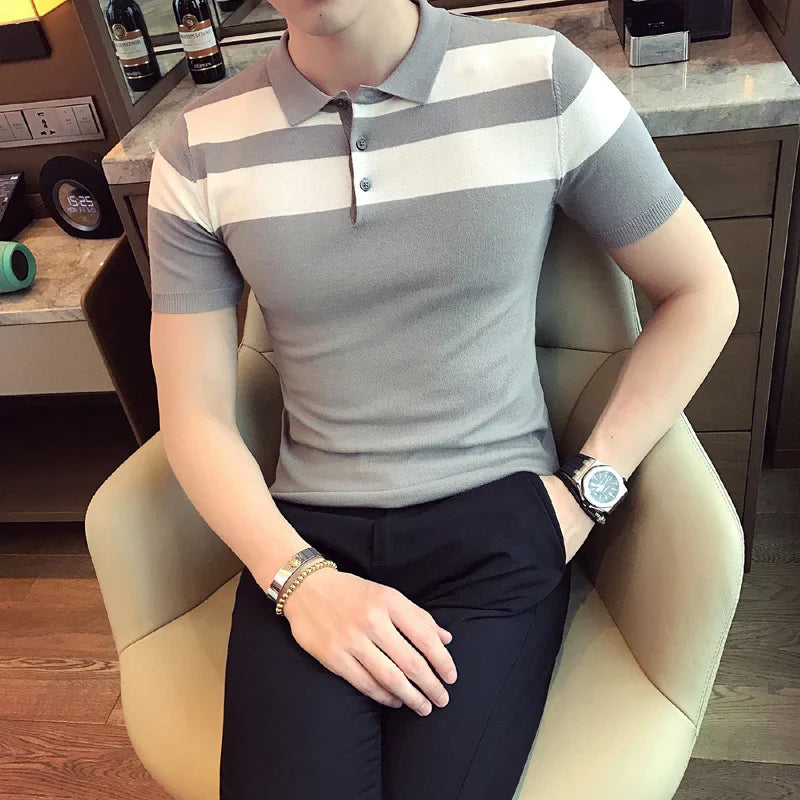 saferido Social Knitting Slim Polo British Style Stripes POLO Shirt Men Summer Short Sleeve Men's POLO Slim Fit Casual Polo Homme