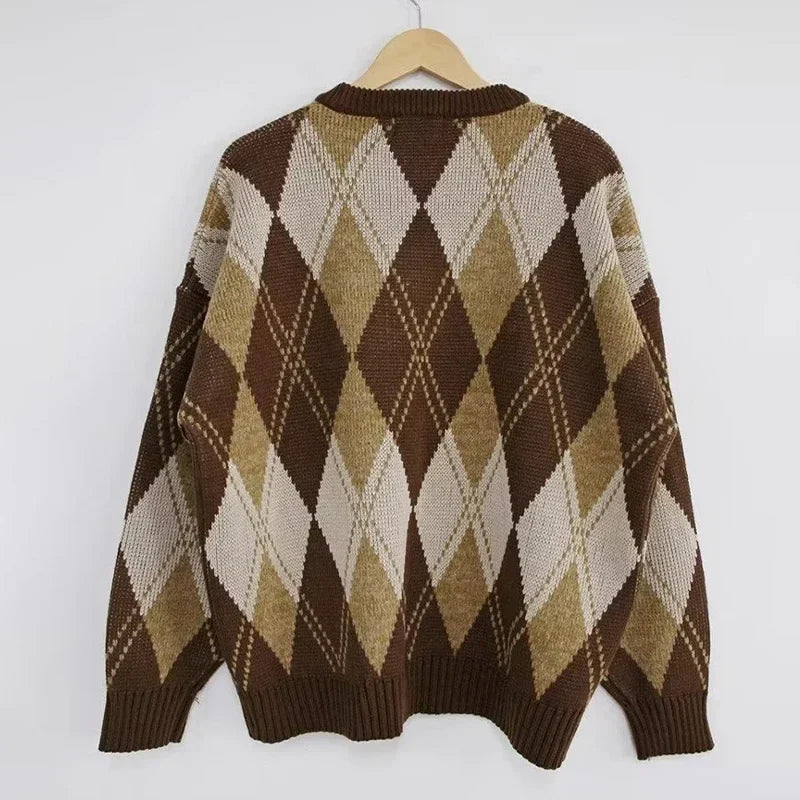 saferido Argyle Sweater Pullover Men's Christmas Grandpa Sweater Korean Casual Vintage Retro Clothes Autumn Streetwear Harajuku