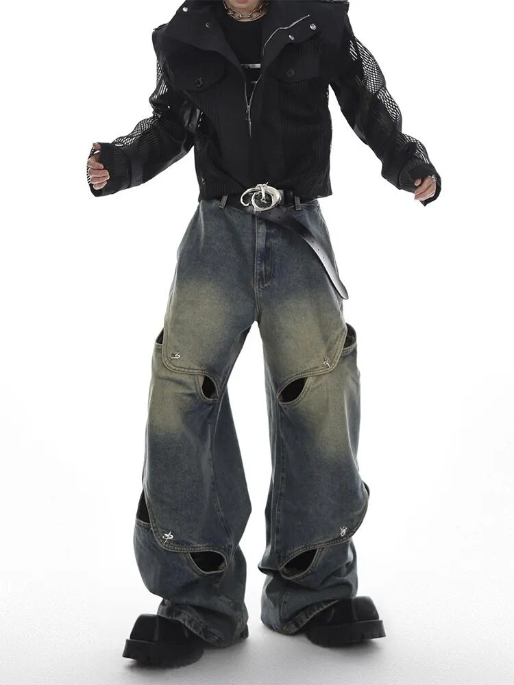 Wide Leg Jeans Pants Men Streetwear Baggy Distressed Denim Trousers Male Oversize Hollow Out Casual Korean Hip Hop