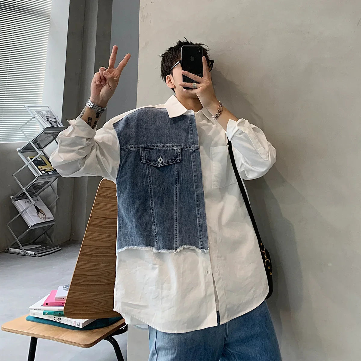 Denim Patchwork White Shirt Men Lapel Long Sleeve Button Loose Tops Spring Autumn Fashion Vintage Shirts Streetwear Male