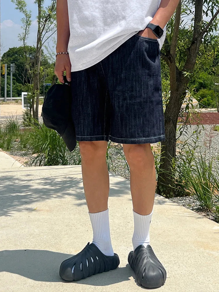 saferido 2024 Summer New Men's Denim Shorts Korean Style Elastic Waist Design Straight Trend Fashion Loose Casual Pants