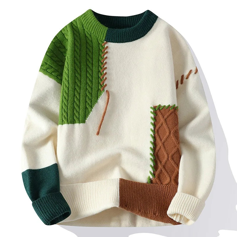 Man Panelled O-neck Jumper Autumn Winter Korean Simple Casual Streetwear Warm Knitted Ribbed Sweater Male Fashion Pullover