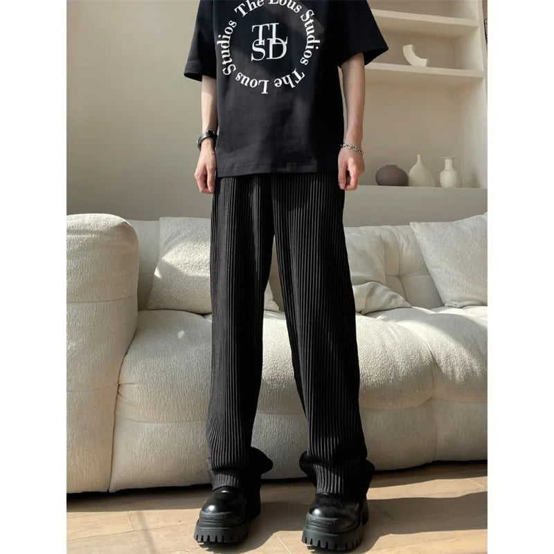 saferido Summer Pleated Pants Men Oversized Fashion Casual Ice Silk Pants Men Streetwear Hip Hop Loose Wide Leg Pants Mens Trousers S-2XL