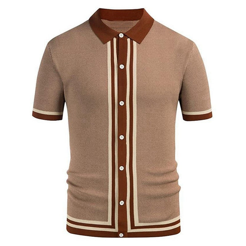 Men's Knit Striped Polo Shirt Casual Luxury Clothing Streetwear Suit Collar Button Down Breathable Vintage Summer M-3XL