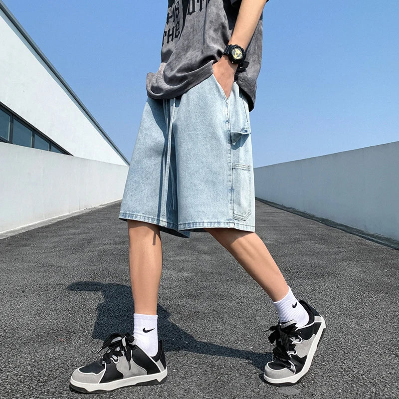 saferido Korean Style Summer Men's Blue Baggy Denim Shorts New Street Apparel Workwear Large Pocket Wide Leg Denim Shorts Blue
