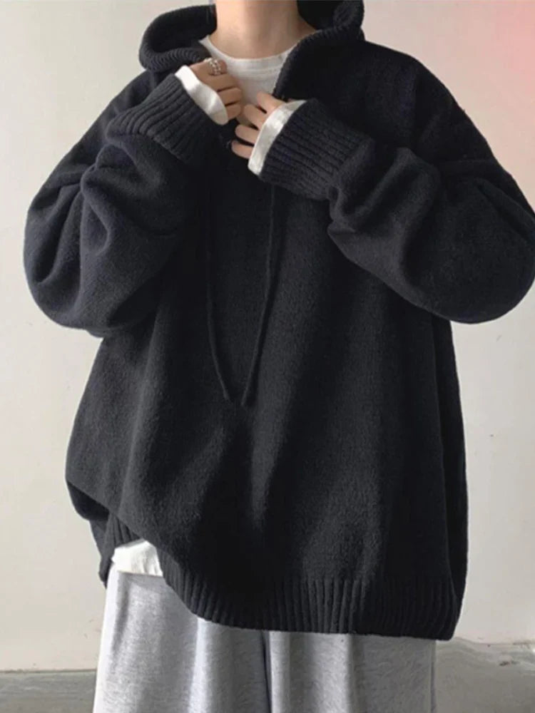 Hood Sweater Men's Winter Loose Chic Idle Sle Retro Knit Solid Outerwear Teenagers Fashion Trendy Warm Man Clothing