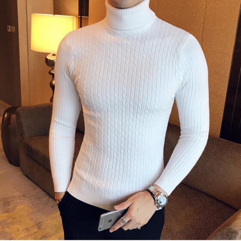 Korean Slim Solid Color Turtleneck Sweater Mens Winter Long Sleeve Warm Knit Sweater Classic Solid Casual Bottoming Shirt
