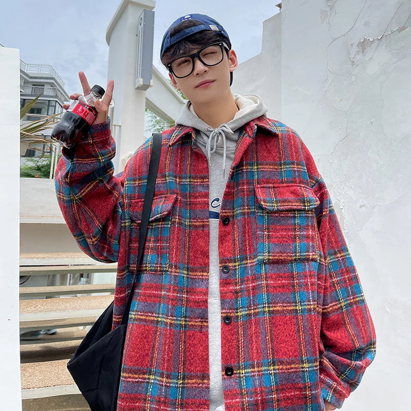 saferido Thick Plaid Woolen Coat Men Warm Oversized Retro Thickened Woolen Jacket Mens Streetwear Korean Loose Short Woolen Coat Men