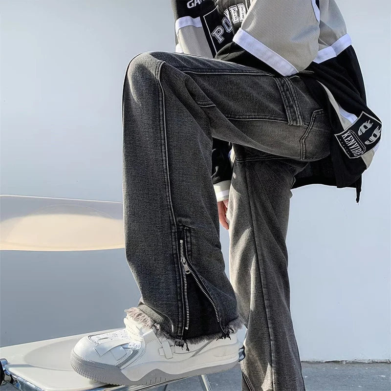 saferido Men Flared Pants Oversize Jeans Korean Fashion Casual Simple Straight Oversize Casual Straight Trousers Male Zipper Pockets Pant
