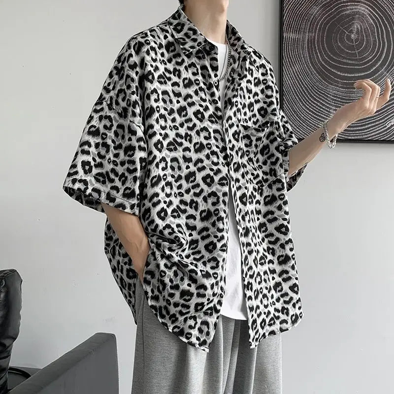 Fashion Casual Streetwear Korean Leopard Loose Button Handsome Shirts Spring Summer Thin Men's Clothing Turn-down Collar Tops