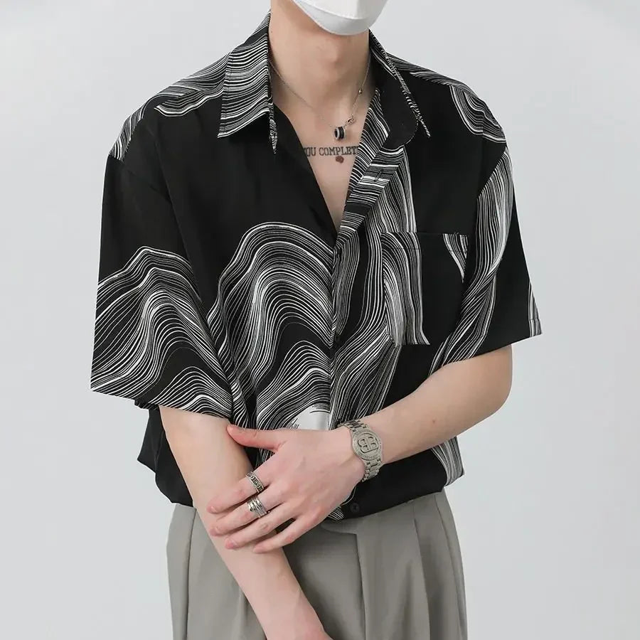 New Summer Design Irregular Silky Drape No-iron Lapel Shirt for Men Korean Fashion Texture Pattern Short Sleeve Men Shirts
