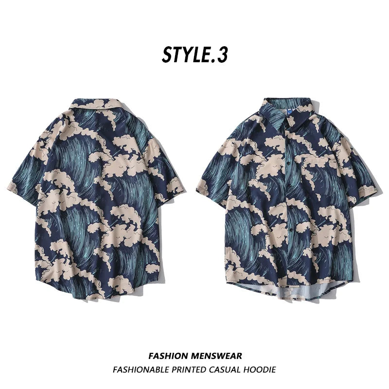 Oversized American Style Summer Fried Street Fashion Small Fish Print New Personalized Mens Casual Shirts
