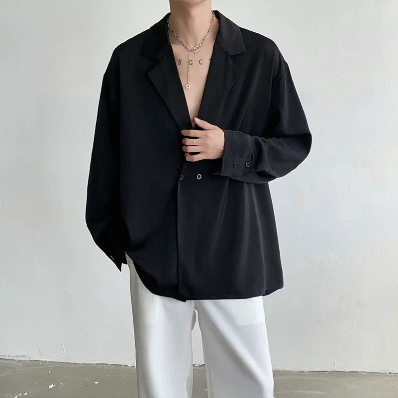 saferido Korean Oversized Shirt Men Fashion Society Mens Dress Shirt Casual Loose Long Sleeved Shirt Mens Black White Formal Shirts M-XL