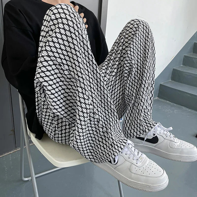 saferido Summer Ice Silk Pants Men Oversized Retro Plaid Pants Men Japanese Streetwear Loose Wide Leg Pants Mens Pleated Trousers M-5XL